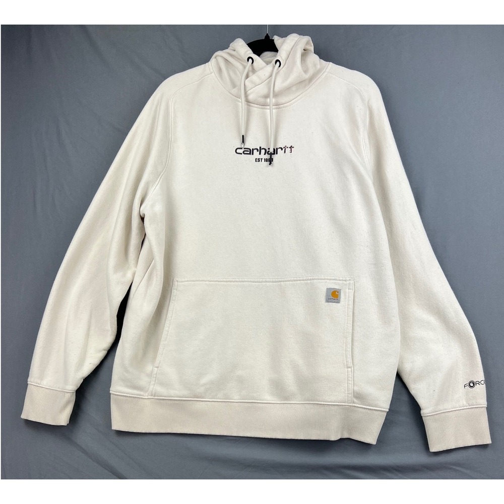 Carhartt Force Hoodie Mens XXL Relaxed Fit Cream White Sweatshirt Faded Logo